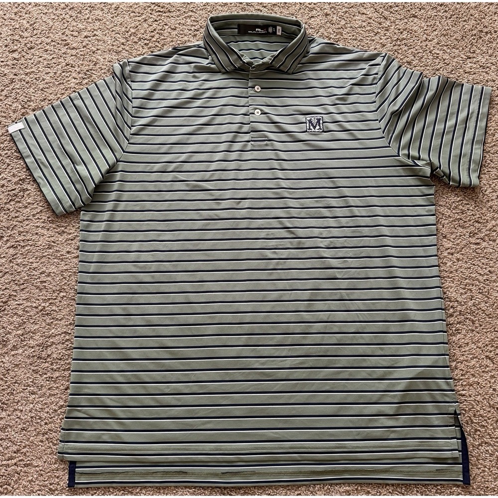 RLX‎ Ralph Lauren Men's Golf Polo Stretch Blue Olive Stripe Size XL Course Logo